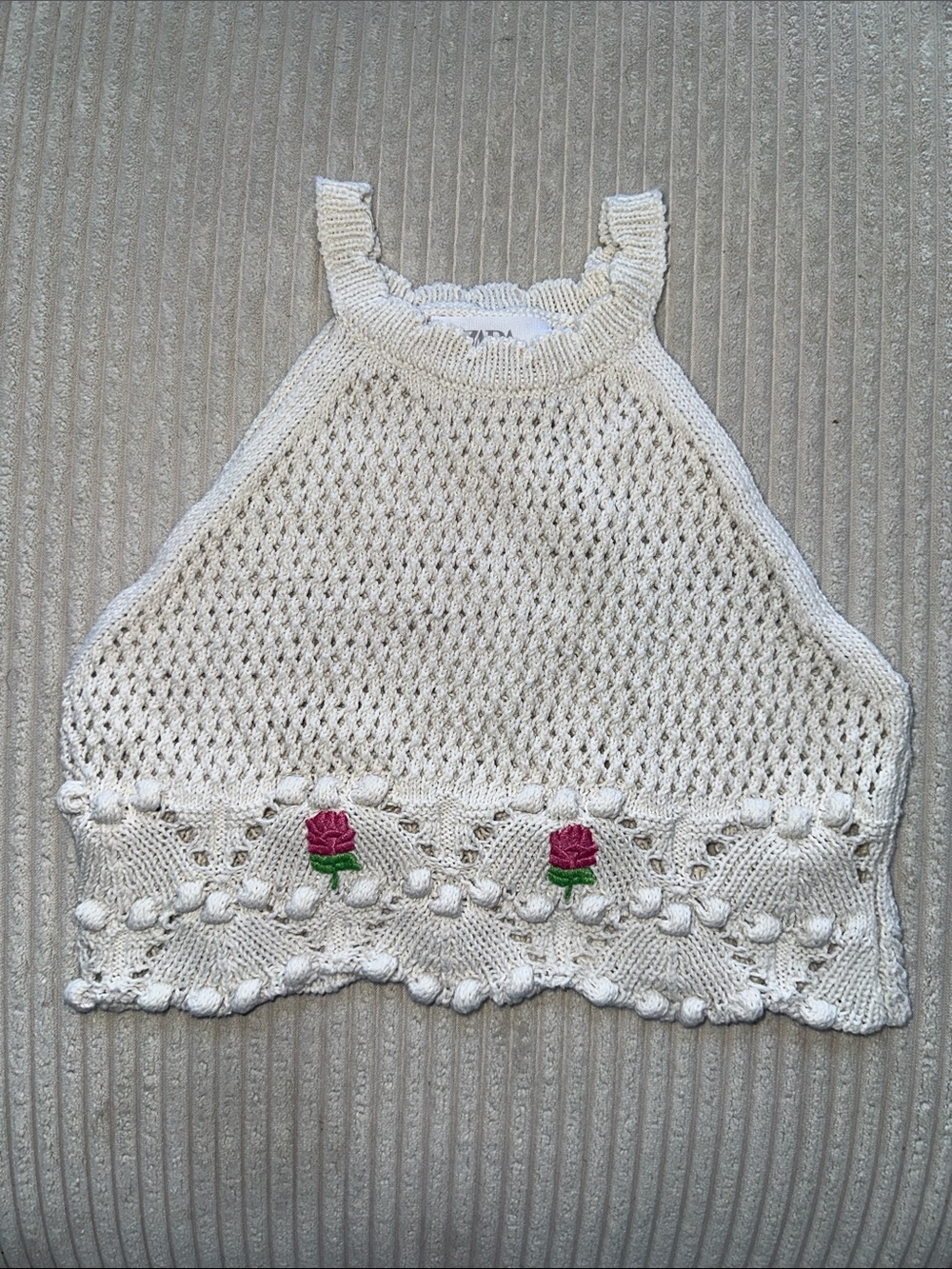 Zara Kid’s Cream Crochet Halter Top with Pink Rose Embroidery in Size 11-12